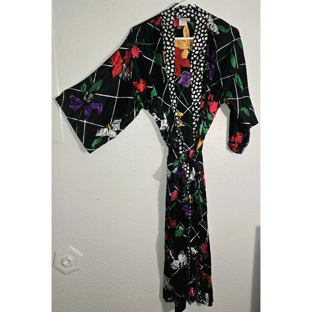 Vintage Satin California Dynasty Long Kimono Floral Funky Robe Silky Sz Med USA